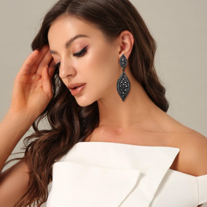 Flyonce Women's Rhinestone Crystal Wedding Bridal 2 Leaf Drop Dangle Chandelier Earrings Carbon Black - Image 2